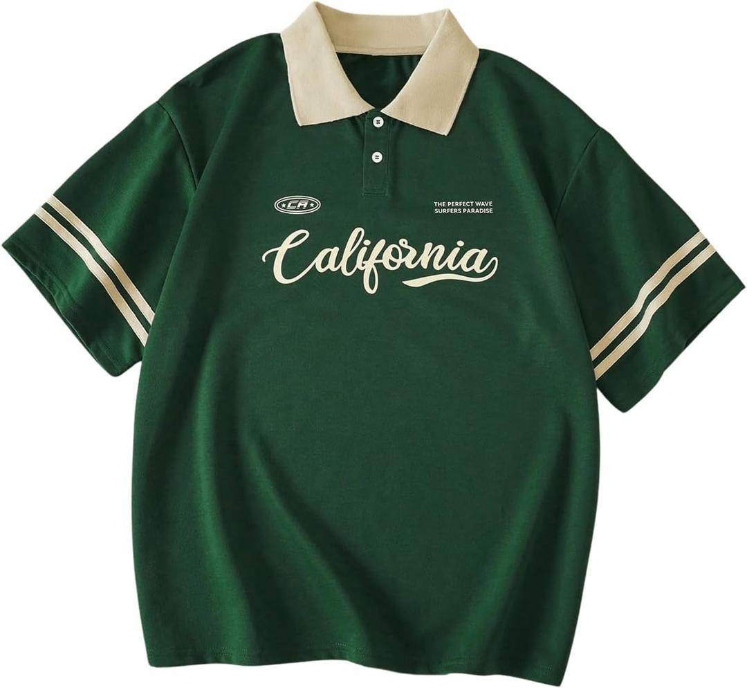 WDIRARA Women's Letter Graphic Tees Button Collared Short Sleeve T Shirts Casual Tops, Dark Green, Large