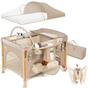 5-in-1 Baby Bassinet, One-Hand Setup Foldable Baby Playpen, Khaki | Portable Pack and Play for Newborn to Toddler with Bassinet ,Waterproof Diaper Changer & Mattress, 0-36 Months, Khaki