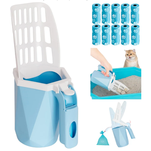 Cat Litter Scoop, Cat Litter Scooper with Holder for Litter Box Includes 10rolls (150pcs) Litter Bags, Large Shovel and Waste Storage Container, 3 in1 Portable Kitty Poop Disposal System (Blue)