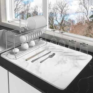 Stone Drying Mat for Kitchen Counter,Extra Large 15.3X23.6" Marble Stone Dish Drying Mat,Super Absorbent Quick Drying Diatomite Stone Dish Drying MatNon-Slip&Heat Resistant,With 8 Non-slip Mat,White1