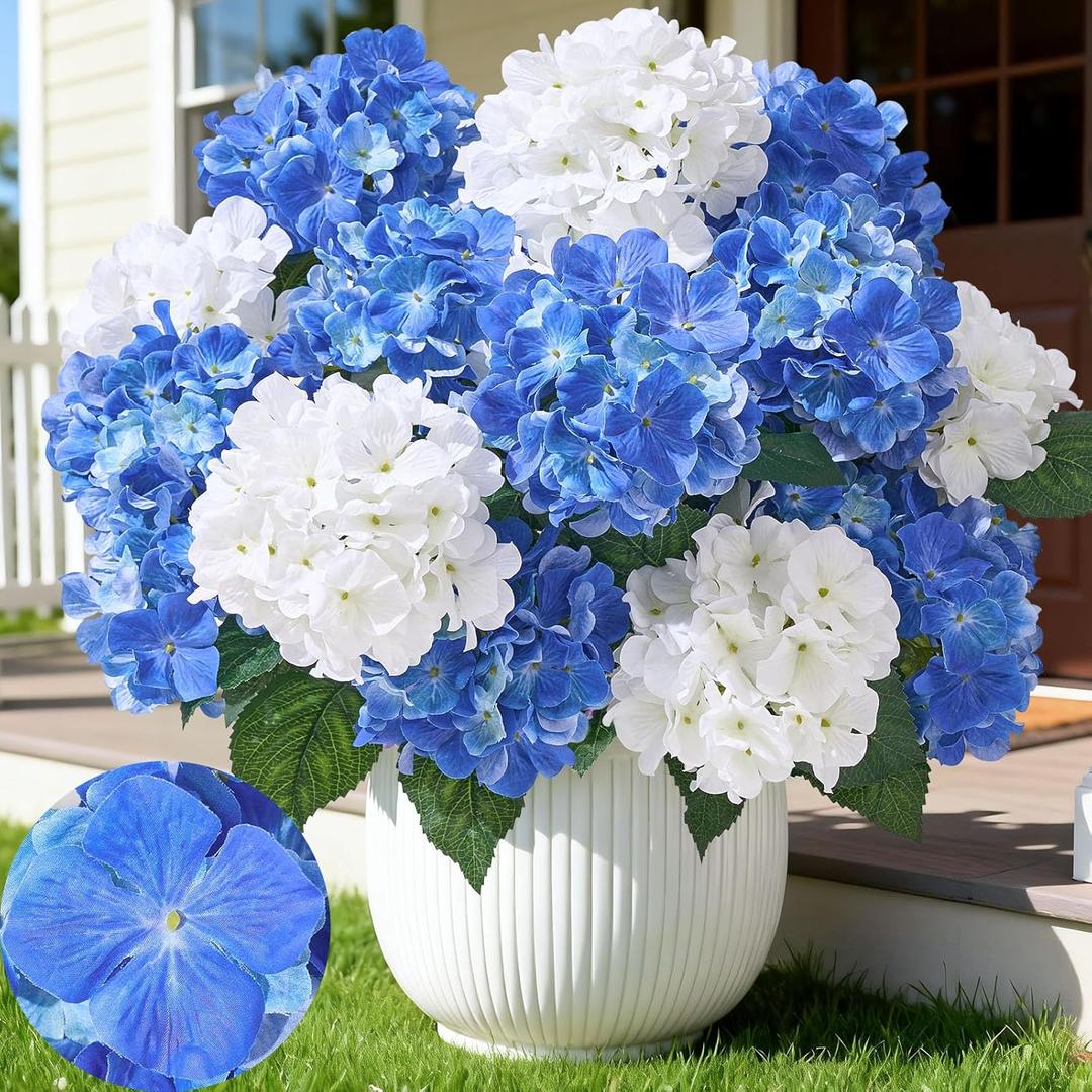 12 Heads Artificial Flowers for Outdoors, UV Resistant Faux Hydrangea Flowers for Outdoor Planters Front Porch Garden Window Box Patio Decor White & Blue