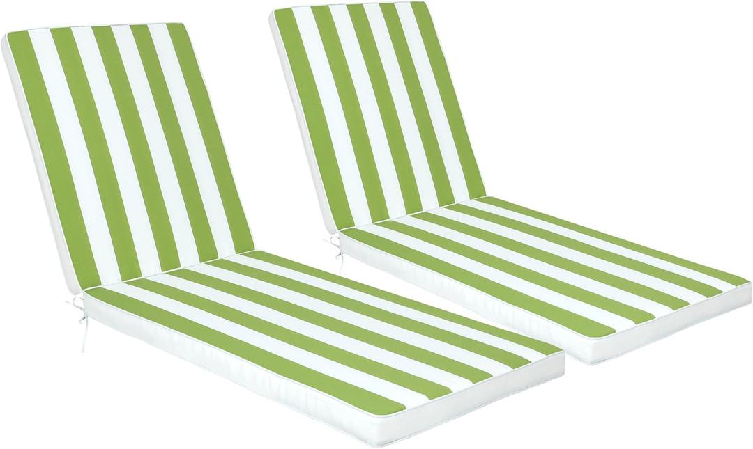 Set of 2 Chaise Lounge Cushions Outdoor, 3" Thick Lounge Chair Cushion Indoor Outdoor Furniture Cushion for Patio Pool (Green & White Stripe)