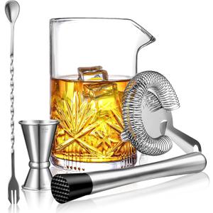 Cocktail Mixing Glass, veecom 18oz Crystal Bartender Kit, 5 Piece Bar Mixing Glass Old Fashioned Cocktail Kit with Strainer, Muddler, Spoon, Jigger, Cocktail Mixer