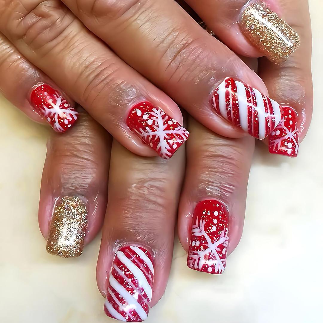 Christmas Press On Nails Medium Square Red Gold Fake Nails with Glue Winter Snowflake Design,Christmas Nails Short False for Women Kids Holiday Xmas Gifts