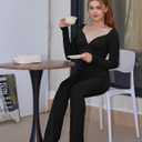 Women's Sexy Long Sleeve Bodycon Jumpsuit Tight Wide Leg Full Length Romper (Black)