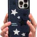 Casechics Compatible with iPhone Case,Cool Denim Fabric Embroidery Star Silicone Camera Lens Protection Soft Shockproof Cover Phone Case (Blue,iPhone 15 Pro)