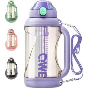 QWE Gym Large Plastic Water Bottle for Women with Lids and Straws&Handle,67oz,Heat-resisting,PPSU BPA Free, 1/2 half Gallon Water Jug Double drinking,leak proof, for Travel,Outdoors,Camping(Purple)