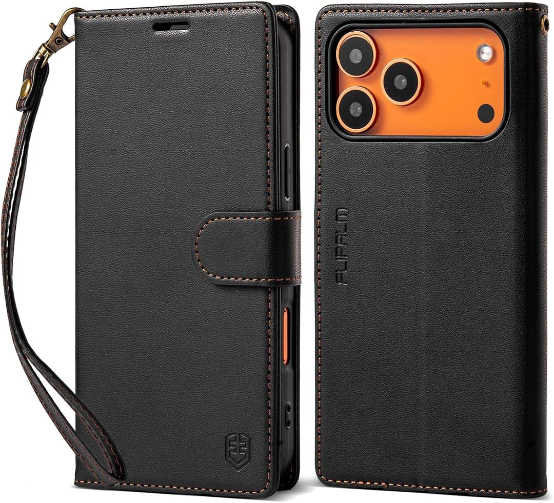 FLIPALM Wallet Case for iPhone 17 Series with Wrist Strap - PU Leather Folio Flip with Credit Card Holder & Kickstand, Protective Cover (Black, for iPhone 17 Pro)