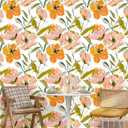 Floral Peel and Stick Wallpaper, Peony Renter Friendly Contact Paper for Cabinet, Shelf Liner and Drawer, Boho Removable Accent Wall Decor for Kitchen and Bathroom, White/Pink/Orange, 17.5 x 118