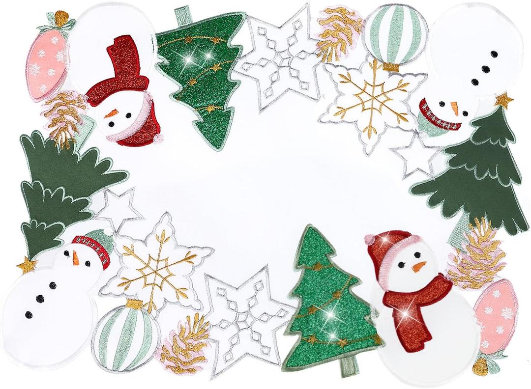 Christmas Placemat Table Runner Snowman Christmas Tree Snowflake Embroidered Snow Rectangle White Green Cut Out Glitter Holiday Xmas Festive Winter 1318IN