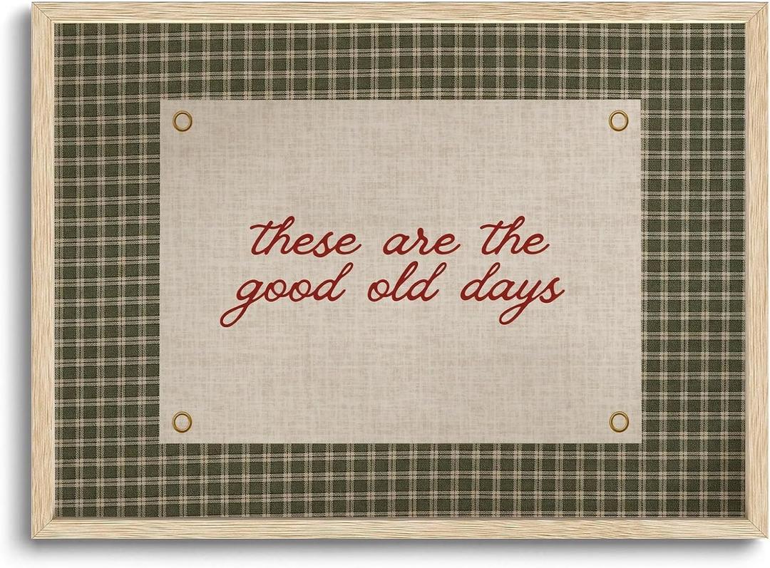 AYHSSMO Vintage Framed Wall Art These Are The Good Old Days Print Motivational Home Decor Farm House Paintings Trendy Retro Green Gingham Paintings Prints For Living Room Bedroom 12x16in (grid)