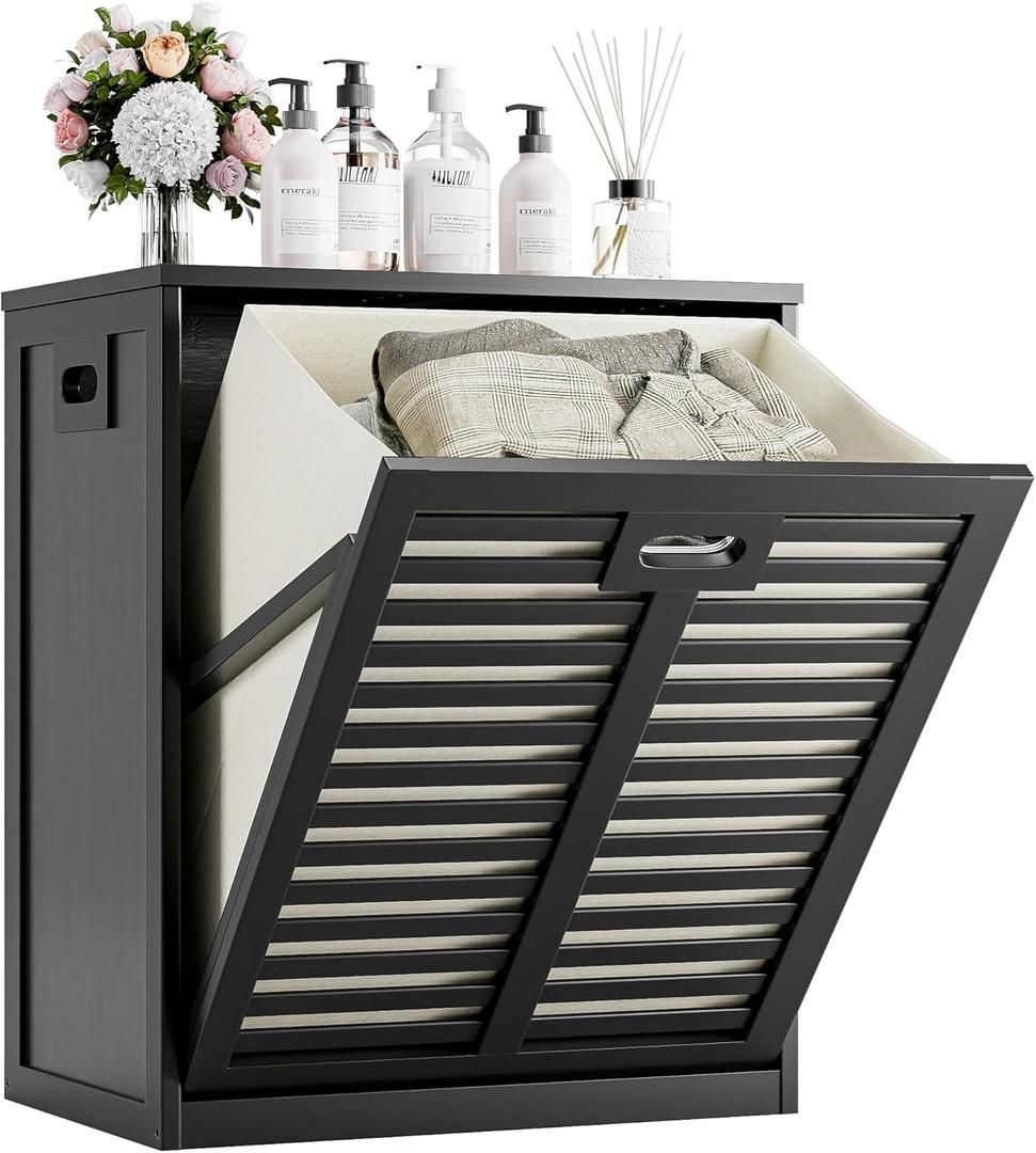 HITNET Tilt Out Laundry Hamper, Bamboo Laundry Cabinet with Pull Out Removable Bag, 20 Gal Clothes Basket with Metal Handle for Bathroom Kitchen, Black