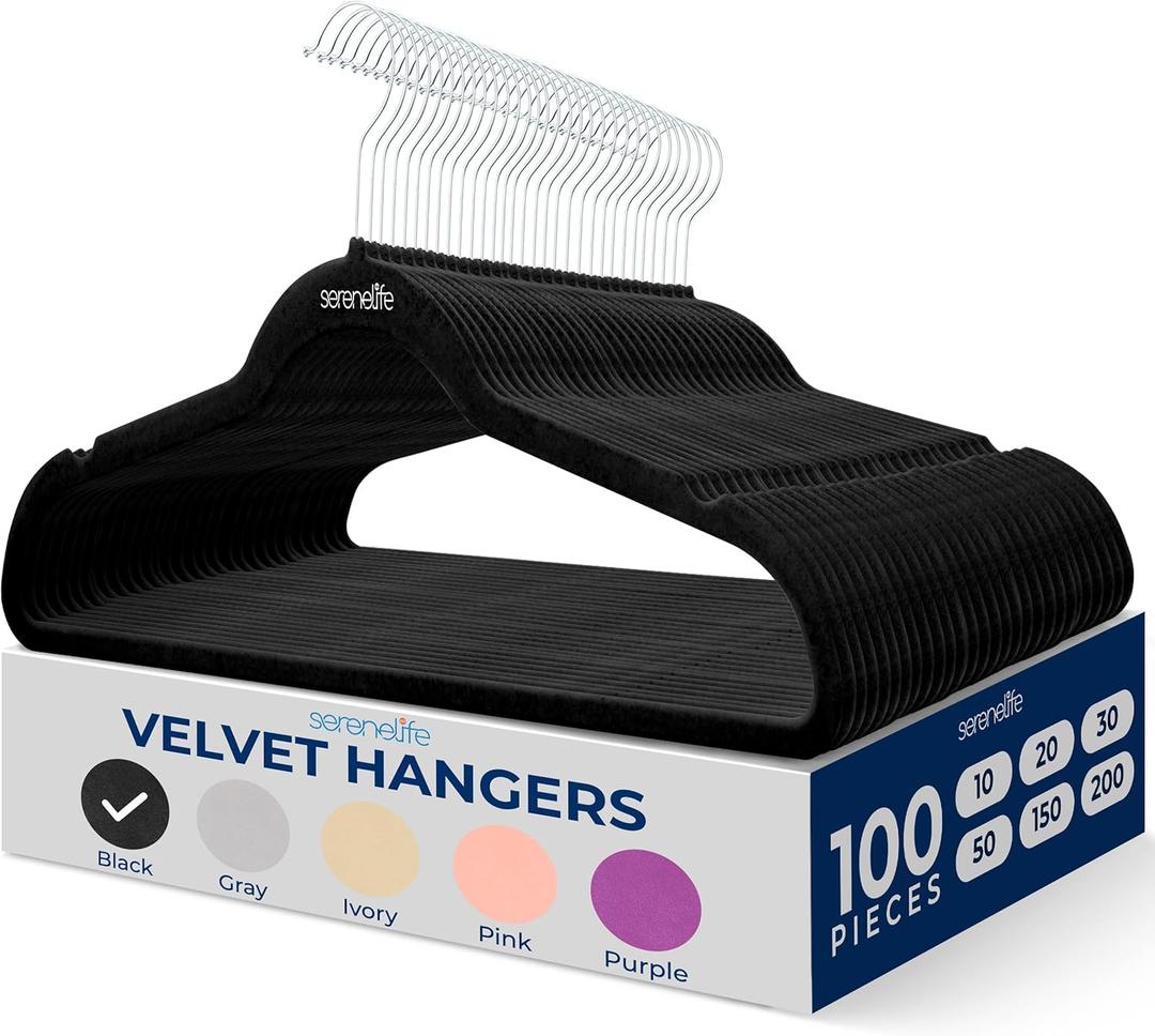 SereneLife Velvet Hangers 100 Pack Black  Slim Non-Slip Clothes Hangers with Chrome 360 Swivel Hook, Durable 10 lbs Capacity, Ultra-Thin Space Saving Hangers for Closet Organization