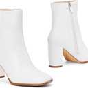 Elisabet Tang Women Ankle Boots 3 Inch Chunky Heel Side Zipper Ankle Booties with Square Toe (6, White)