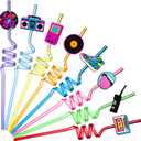 Vesici 80s Party Decor Retro Straw Hip Hop Theme 80s Party Silly Drinking Straws I Love Radio Boombox Mobile Phone Decorations for Adults, 8 Colors and Styles(24 Pcs)