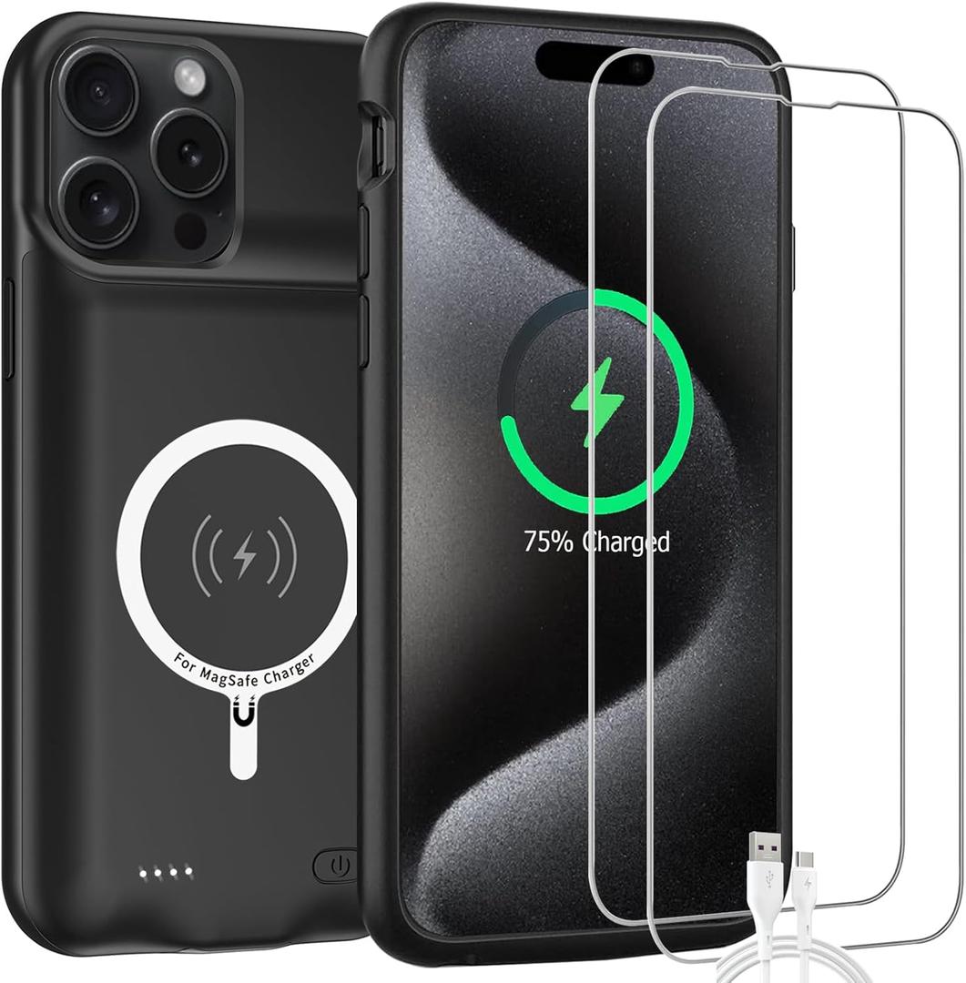 Battery Case for iPhone 15 Pro Max, 12000mAh High-Capacity Protective Rechargeable Extended Charger Cover Compatible with iPhone 15 Pro Max (6.7 inch) Wireless Charging Case Support Carplay - Black
