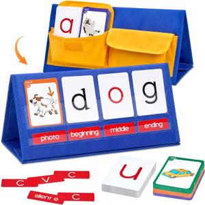 Gamenote Word Building Desktop Pocket Chart Tent Flash Cards Kit - CVC Words Phonics Games Blending Board for Kindergarten Reading and Spelling