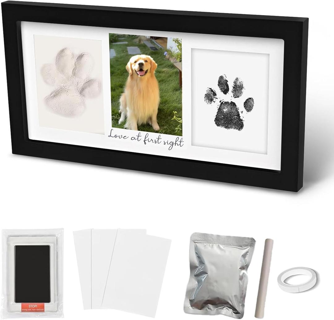 Paw Print Frame Kit, Cat/Dog Paw Print Kit, Dog Nose Print Kit, Soft Pawprint Clay&Clean Touch Ink Pad,Pet Paw Print Impression Kit with Customization Tool,Wooden Pet Memorial Frame, Black