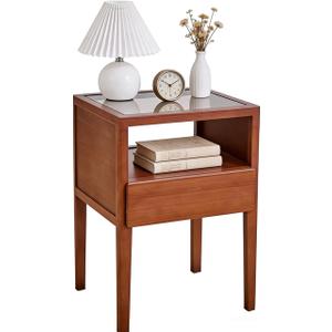 JIKUGO Bamboo Nightstand with Tempered Glass Surface, No Assembly Bedside Table with Storage Shelf, Walnut, 15.8 x 14.2 x 21.7 Inches