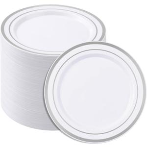 7 Inch White Plastic Plates,100PCS Disposable Dessert/Appetizer/Small Cake Plates with Silver Rim,Heavy Duty Plate Ideal for Christmas, Thanksgiving, Wedding and Birthday