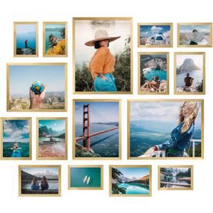Giftgarden 16 Pack Gold Picture Frames for Multi Sizes Photos, Assorted Set Including Two 11x14, Two 8x10, Six 5x7, Six 4x6, Gallery Collage Frame for Wall or Tabletop Display