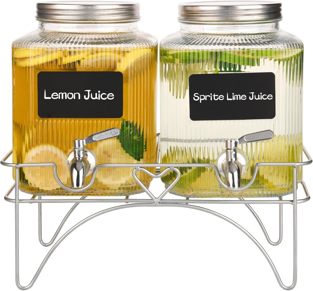 Lulonpon 2 x 4L(1.06 Gallon) Glass Drink Dispenser, Beverage Dispenser with Stainless Tap, Glass Water Juice Dispensers with Metal Stand, Water Jug with Tap Perfect for Parties,Weddings,Birthdays (Little, Clear)