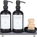 [Luxury] Kitchen Soap Dispenser Set - 16OZ Black Glass Bottle, Stainless Steel Pump, Instant Dry Tray, Waterproof Labels, Non-Slip Silicone Pad, and Dish Brush | Upgrade for Your Kitchen and Bathroom