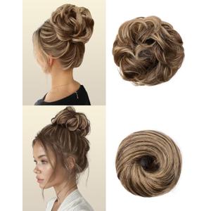 2PCS Messy Bun Hair Piece-Large Wavy Curly & Donut Updo Hair Pieces Set, Scrunchies Synthetic Chignon Ponytail Extensions Thick Updo for Women(Light Brown to Ash Blonde)