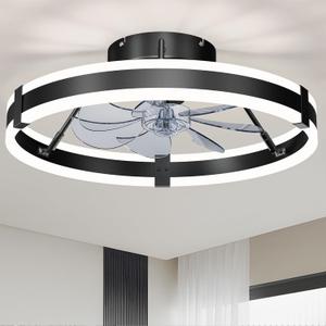 Low Profile Bladeless Ceiling Fan with Lights & Remote - 19.7" Flush Mount Fandelier Light Fan for Bedroom/Kitchen, 3000-6000K Dimmable LED, 6-Speed Modern Fan with Lights for Home/Office (Black-Style 2)