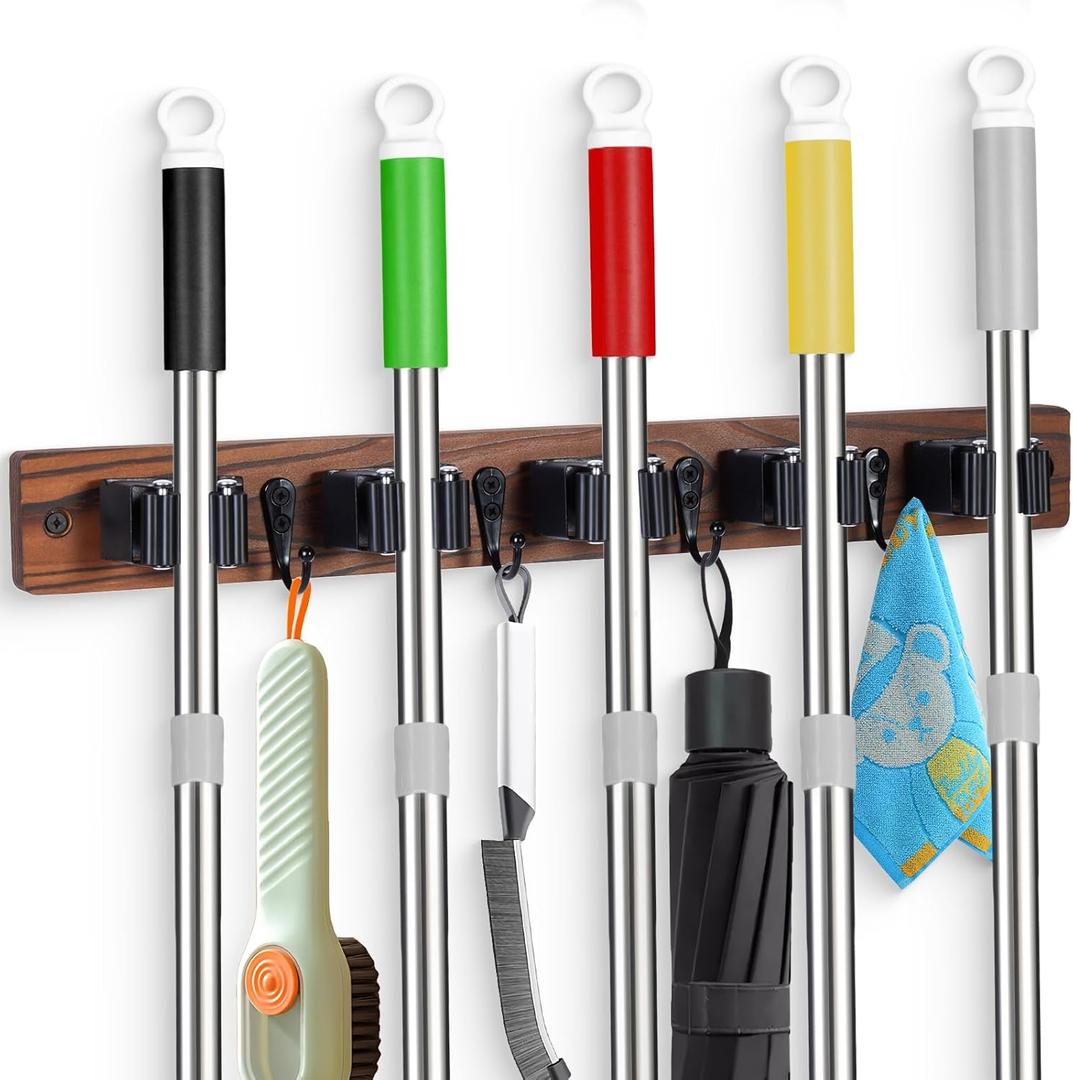 FunCee Broom Holder Wall Mount With 5 Slots & 4 HooksRustic Wood Broom & Mop HangerWall Mounted Garden & Garage Tool Storage Organizer Rack for Closet Laundry Room or Kitchen Wall Decor (Brown)