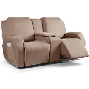 TAOCOCO Reclining Loveseat with Middle Console Slipcover, 4 Piece Polyester Fabric Stretch Loveseat Recliner Sofa Covers, Soft Washable Furniture Protector (Khaki, 2 Seater with Console Cover) (3.93"D x 12.2"W x 12.2"H)