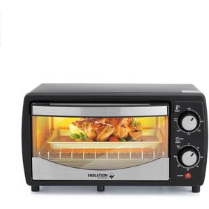 Holstein Housewares 4 Slice Countertop Toaster Oven with 60 Minute Timer Includes Pan and Wire Rack, Perfect for Baking, Broiling, and Toasting Compact Design in Sleek Black for Convenient Kitchen Use (11.52"D x 7.9"W x 11.48"H, Black / Stainless Steel)