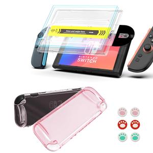 LESUTI 3-IN-1 Kit for Nintendo Switch 2 (2025) - Tempered Glass Screen Protector (2-Pack, Auto Alignment), Sheer Pink Protective Cover & 6-Pack Anti-Slip Joystick Caps | Ultimate Accessories Bundle