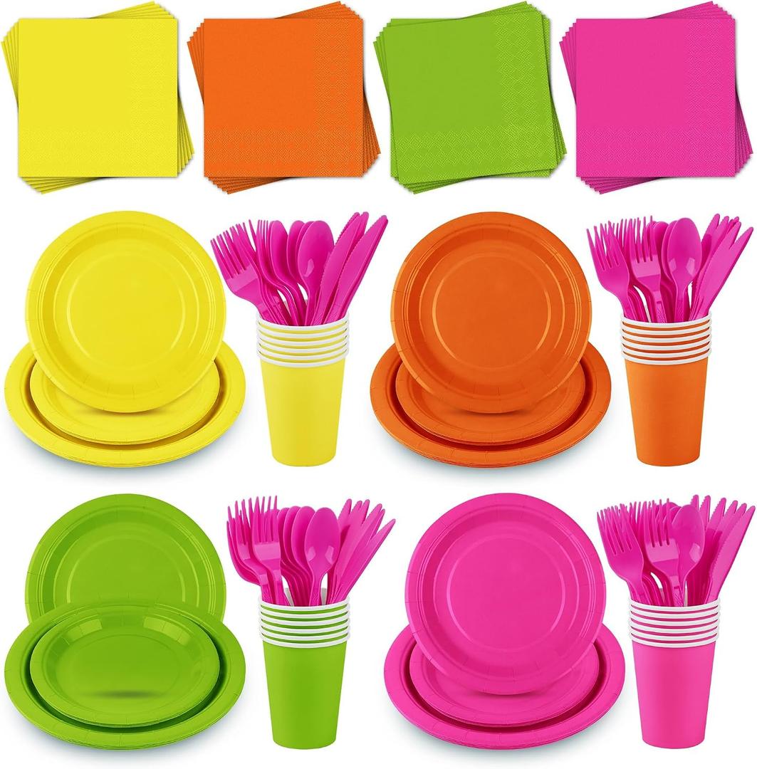 Kochorie 192 Pieces Neon Party Supplies Disposable Paper Plates Cups Napkins Plastic Forks Knives Spoons for Neon Festival Birthday Party Decor, Serves 24 Guests