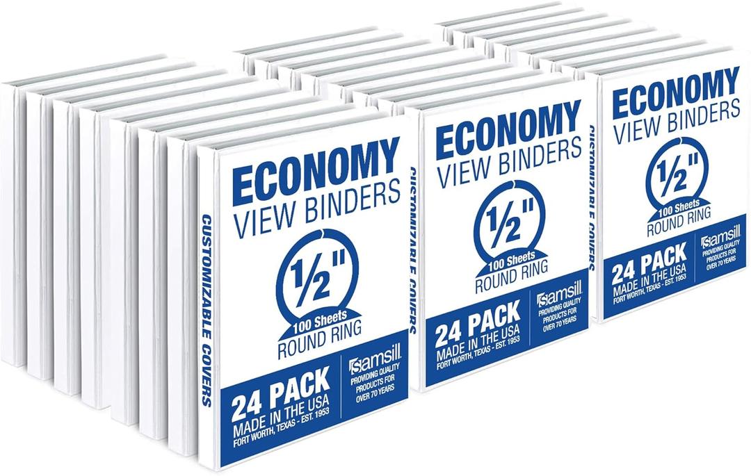Samsill 0.5 Inch 3 Ring Binders, Made in USA, Economy Round Ring, Clear View Cover, 100 Sheet Capacity - for School, Home, Office - White, 16 PC