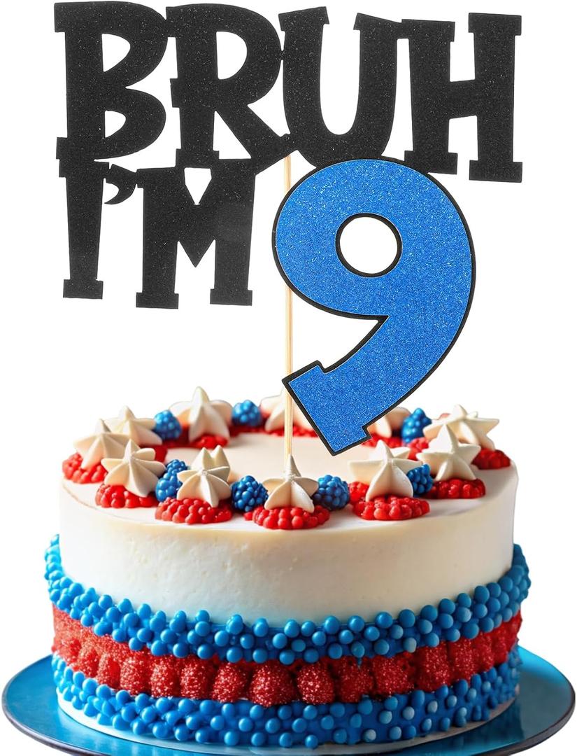 Nogeqi Bruh I'm 9 Cake Topper Blue Glitter Happy 9th Birthday Boy Cake Pick Decor, Bro I'm 9 Cakes Decoration, Nine Years Old Birthday Decorations Party Supplies