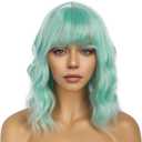 Short Bob Wigs with Bangs for Women Loose Wavy Wig Curly Wavy Shoulder Length Bob Synthetic Cosplay Wig for Girl Colorful Costume Wigs (Mint Green)