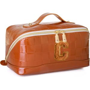 Initial Makeup Bag Large Capacity Travel Cosmetic Bag for Women PU Leather Open Flat Toiletry Bag with Handle and Divider Personalized Gifts for Women (Brown C)
