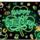 St. Patrick's Day Happy Birthday Backdrop Neon St. Patrick's Day Birthday Photography Background Ceremony Party Holiday Decoration (7x5ft)