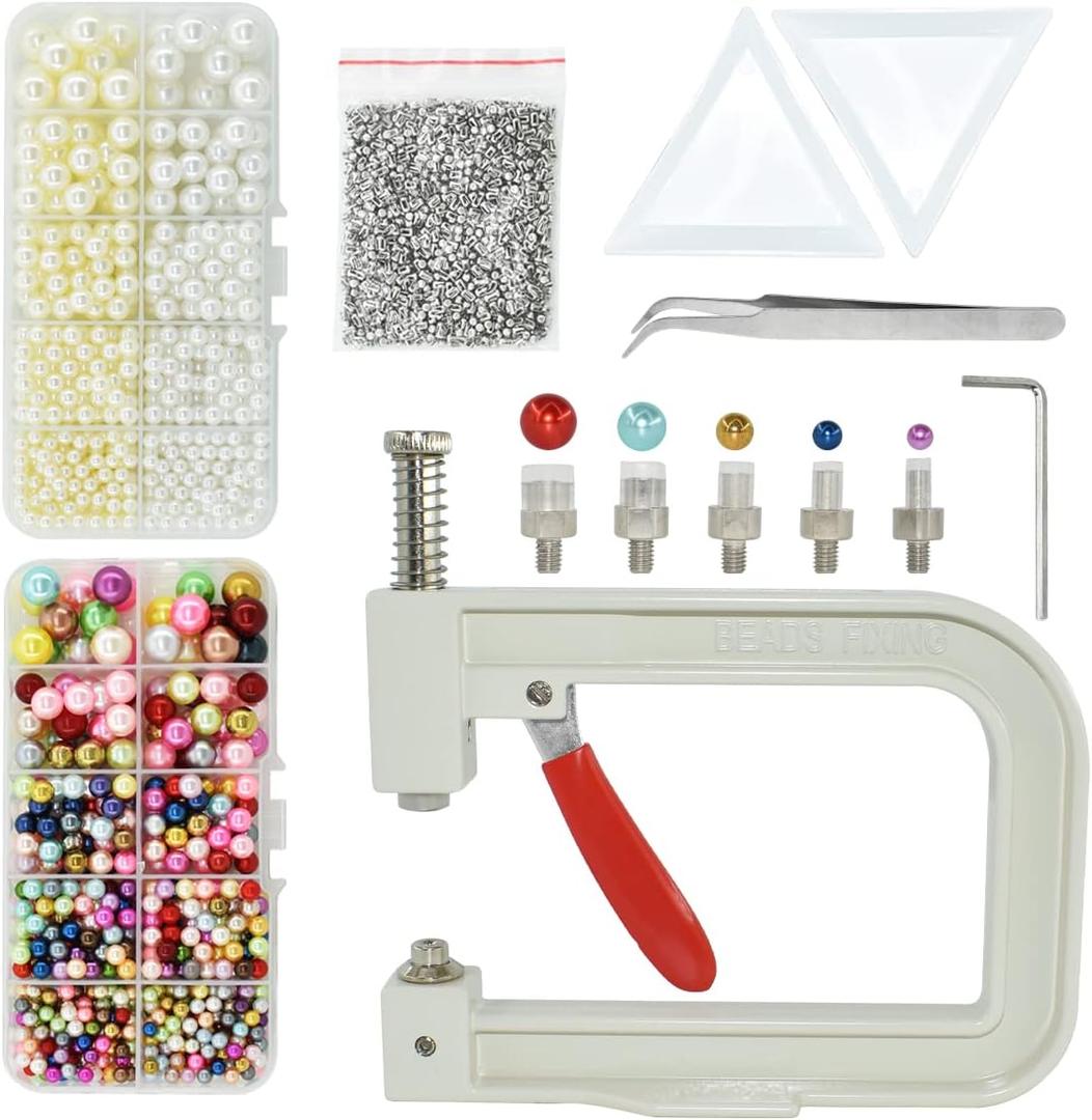 5400pcs Pearl Beads Hand Press Pearl Setting Tool Set, Beads Rivet Fixing Machine, DIY Handmade Pearl Setting Machine with Beads Nails Screw Heads Tweezers Wrench Trays for DIY Crafts Accessories