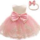 CMMCHAAH 0-6T Baby Girls Pageant Lace Embroidery Dresses Toddler Party Bowknot Tutu Gown Dress with Headwear (12-18 Months, Pink)