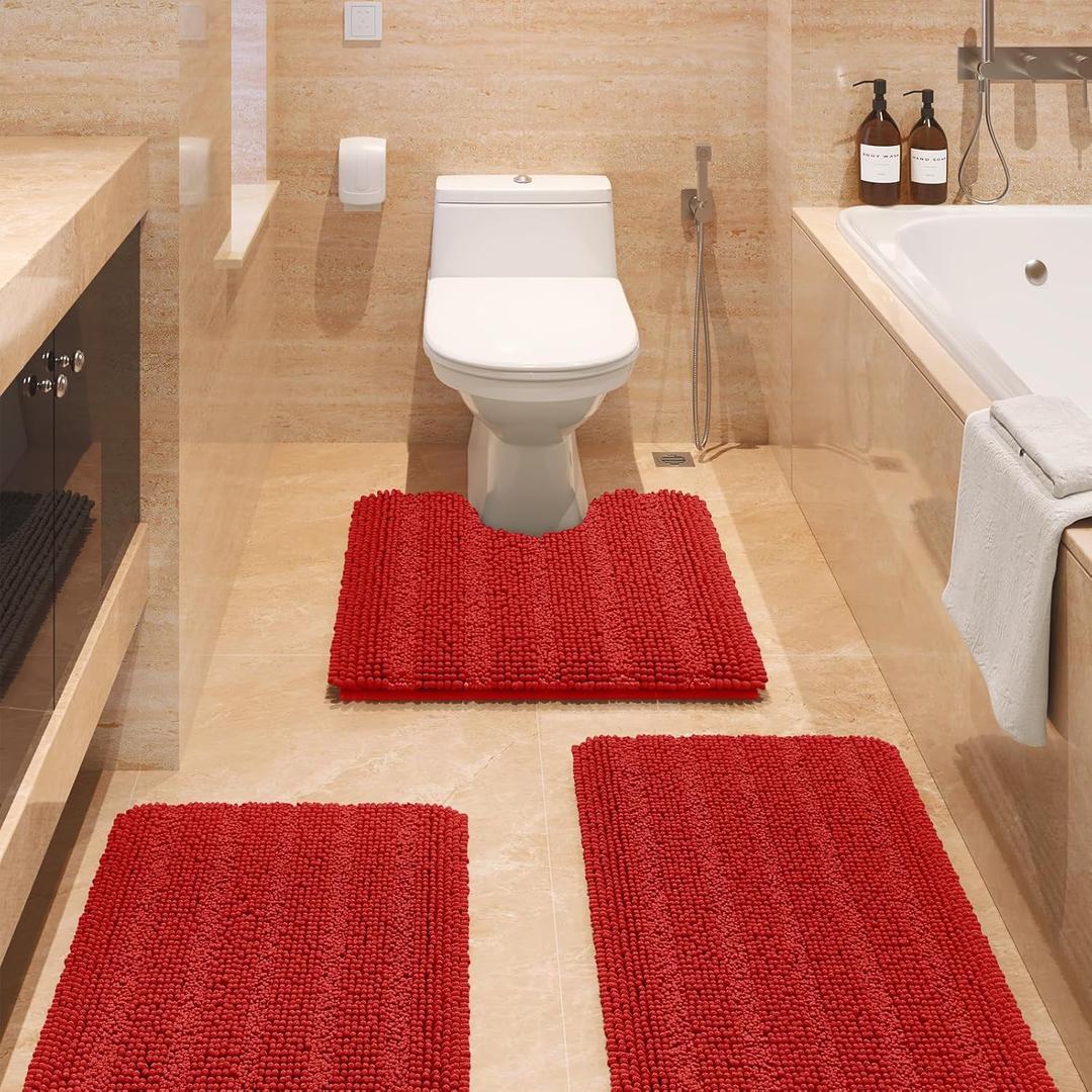 ACCUMTEK Striped Red Ultra Soft Bathroom Rugs and Mats Set 3 Pieces Rug Set, Thick Chenille Bath Rugs Non Slip Bath Mats for Bathroom, Toilet, Bedroom, Kitchen, Burgundy (20"x32"+17"x24"+U Shape 20"x24")