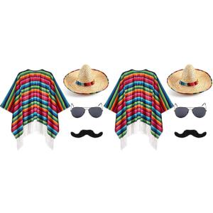 Mepase 8 Pcs Mexican Costume Set Include Mexican Serape Poncho Sombrero Sunglasses Mustache (Adult)