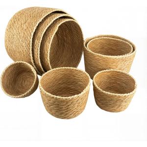 8pc Round Storage Baskets, Handwoven Natural Reed Grass, Structured