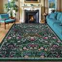 10x14 Area Rugs for Living Room: Floral Washable Rug Vintage Large Soft Boho Non-Slip Carpet Stain Resistant Low Pile Carpets for Bedroom Dining Room Farmhouse Nursery Hallway Home Office Dark Green