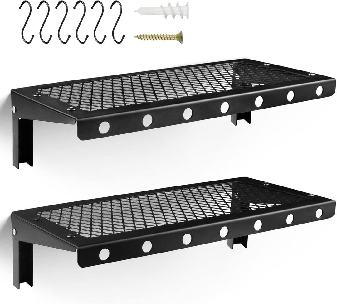 Floating Wall Shelves Set of 2, Black Floating Shelves,Wall-Mounted Bookshelf,Mesh Panel, Used in Living Room, Kitchen, Bathroom, Garage,Folding with Hooks.