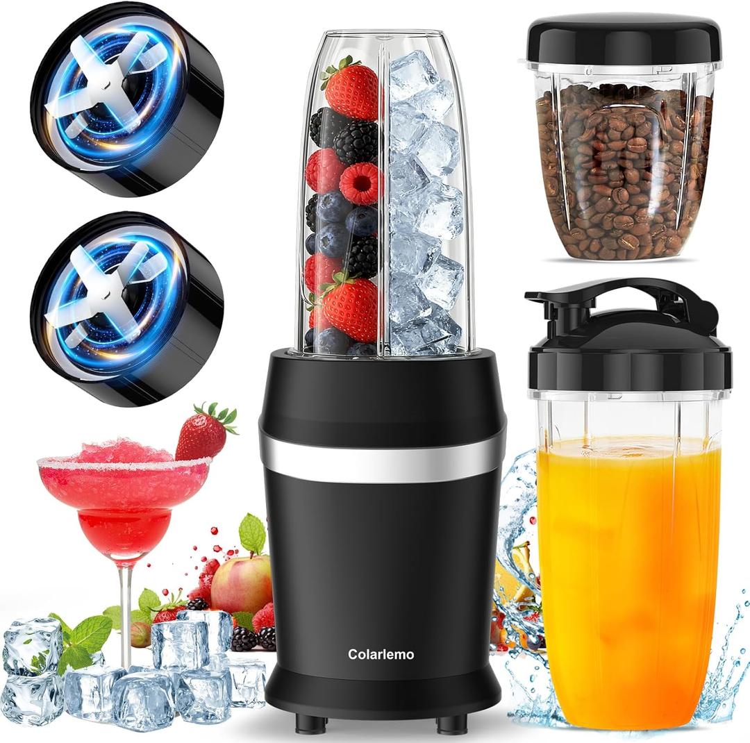 12-Piece Smoothie Blender Maker 25,000 RPM Personal Blender for Ice Crushing Smoothies & Frozen Drinks Nuts with 23oz, 32oz, 37oz Portable Cups Two 6-Leaf Stainless Steel Blades, Matte Black