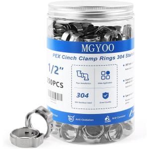 1/2 inch Pex Clamps 250pcs Pex Crimp Rings Single Ear Hose Clamps Stainless Steel Pex Fittings Cinch Clamp Ring for PEX Pipe Tubing