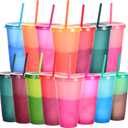 Suertestarry Color Changing Cups, Bulk Tumblers with Lids and Straws, 15 Pack of Reusable Plastic Cups, Kids & Adult Friendly, 24oz Smoothie Travel Cup (Rainbow, 15 Packs)