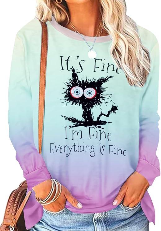MNLYBABY It's Fine I'm Fine Everything Is Fine Sweatshirt Women Cute Black Cat Tee Tie Dye Cat lover Long Sleeve Top, L